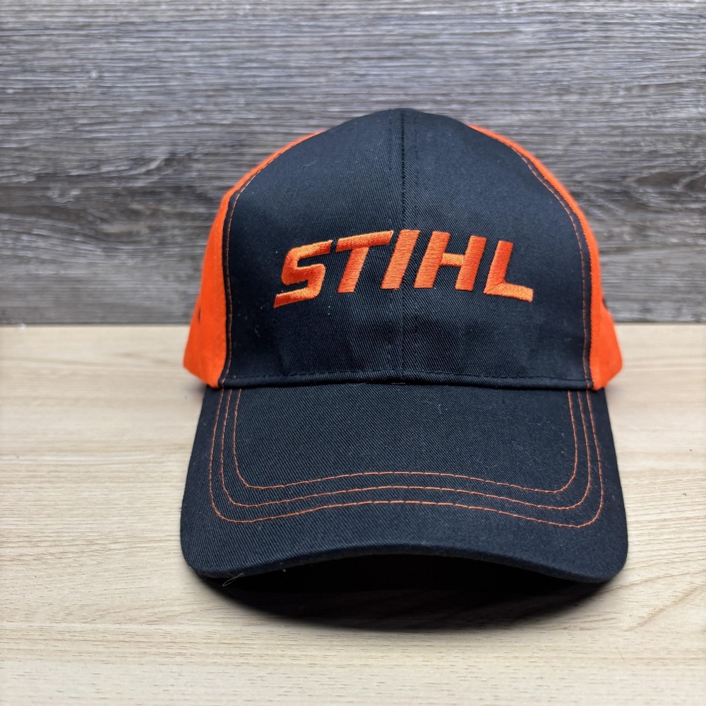 Stihl Hat Cap Strap Back Black Orange Embroidered Logo Workwear Outdoor Mens